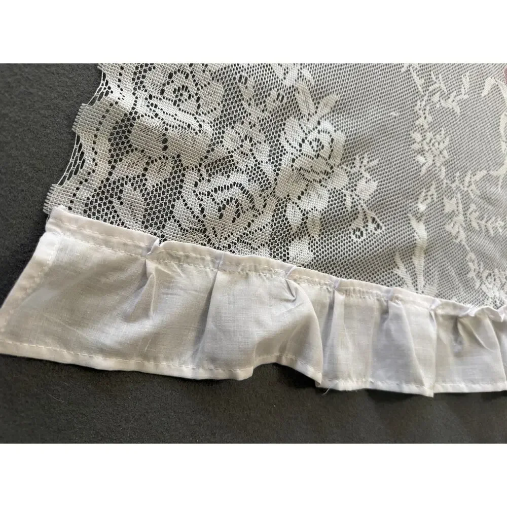 Vintage Lace Curtain Panels Ruffle Trim Floral Cottagecore Shabby Chic 36x29 Set
